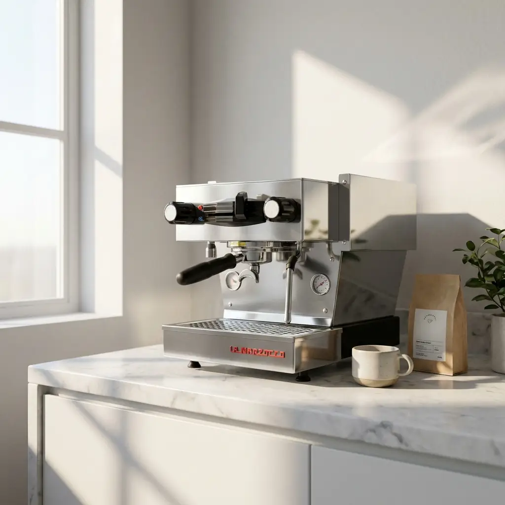 Minimalist home barista station with a Sage espresso machine and espresso extraction